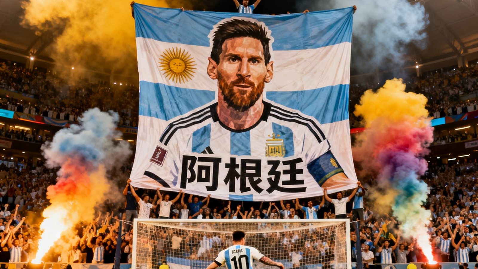 梅西点球破门慢镜头，阿根廷球迷巨幅Tifo，球场气氛热烈